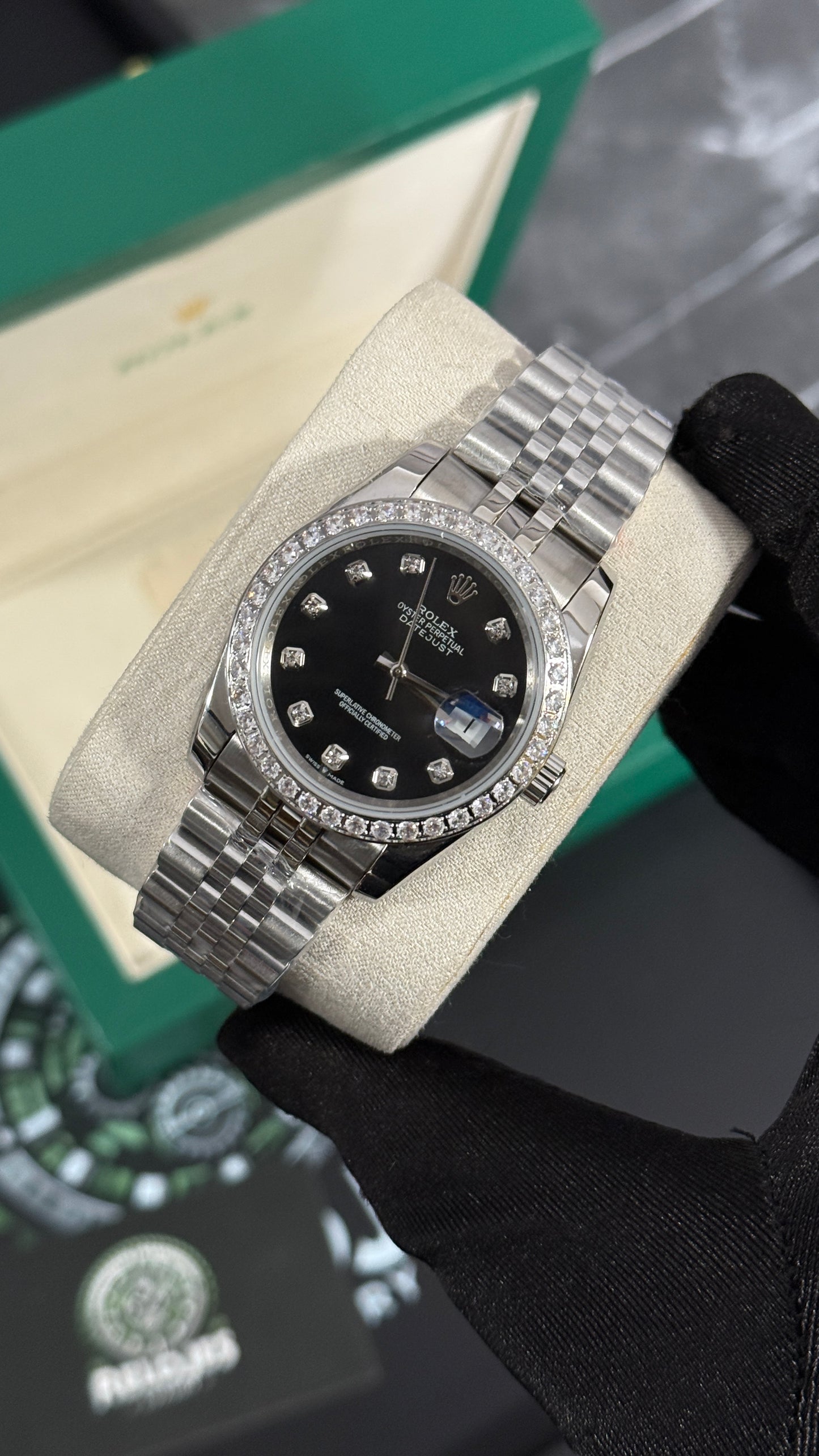 RLX DATEJUST (PLATA/NEGRO/DIAMANTES)